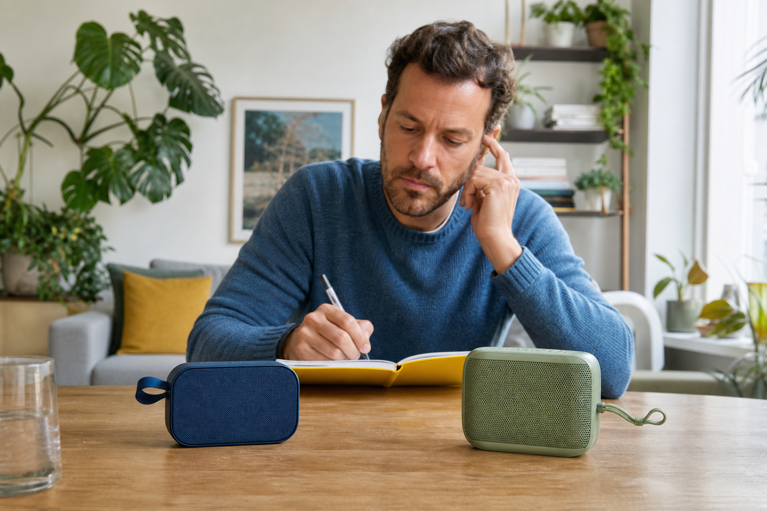 Man vergelijkt thuis twee compacte draagbare speakers en maakt aantekeningen